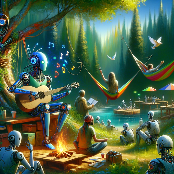 Robots and humans in nature sitting around a fire, lounging in rainbow-colored hammocks, and playing music