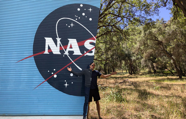 Two pictures split down the middle of Nathan standing with his arms open with NASA on one side and nature on the other.